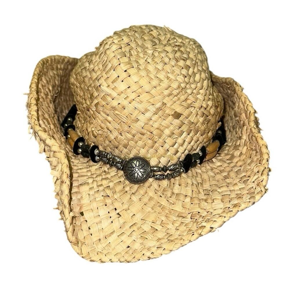 Natural Woven Straw Cowboy Hat Beaded Western Festival‎ Hat Unisex